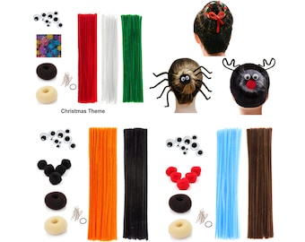May include: Three sets of craft supplies for making hair accessories. Each set includes pipe cleaners, googly eyes, pom-poms, hair ties, and bobby pins. The themes are Christmas, Spider, and Reindeer.