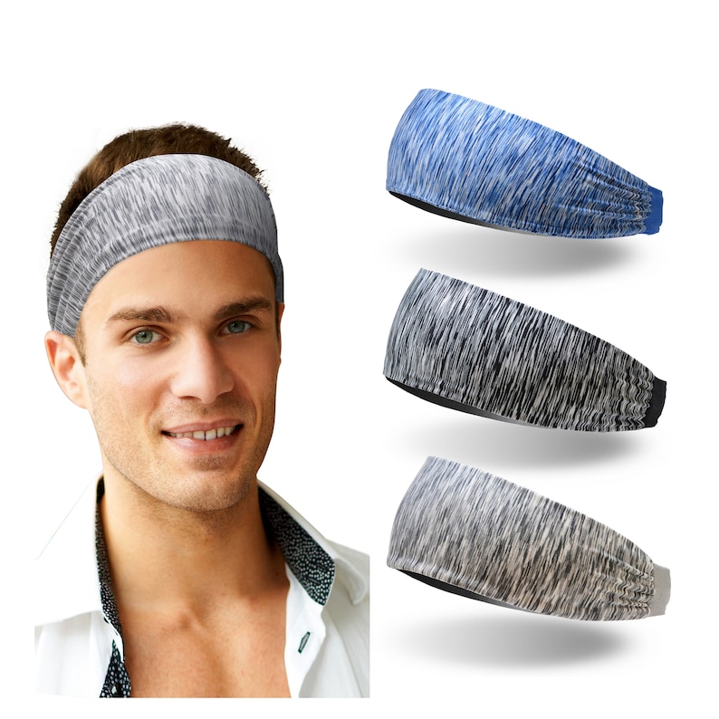 May include: Three headbands in different colors and patterns. One is blue with a white pattern, one is gray with a black pattern, and one is black with a gray pattern.
