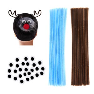 May include: A reindeer costume kit featuring a black headband with antlers, googly eyes, a red nose, bundles of blue and brown pipe cleaners, and a collection of googly eyes. Perfect for crafting or Halloween.