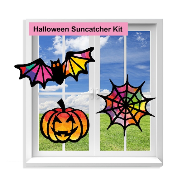 Kit de manualidades para atrapasol de Halloween: vitrales con papel de seda, manualidades para niños para el aula y fiestas de cumpleaños.