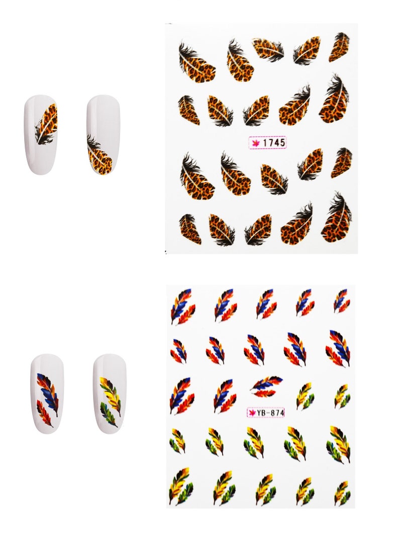 May include: Nail art stickers featuring feather designs. One sheet has leopard print feathers, the other has colorful feathers. Two white painted nails with feather designs are also shown. The sheet with leopard print feathers has the number "1745".