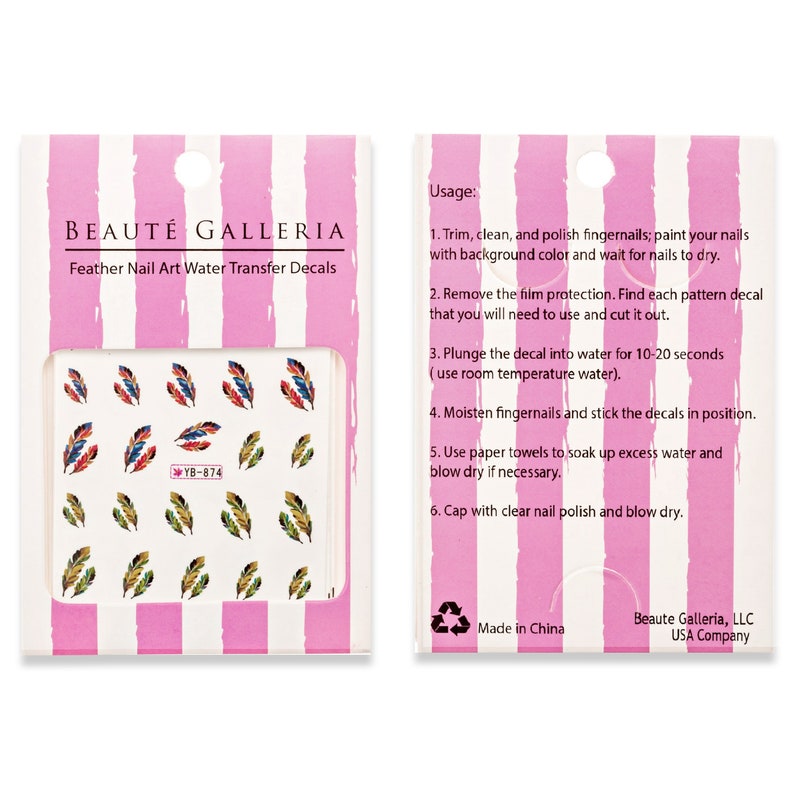 May include: A package of nail art water transfer decals featuring a feather design. The decals include various colors like blue, red, and gold. The package has the text "BEAUT&Eacute; GALLERIA" and instructions for use.