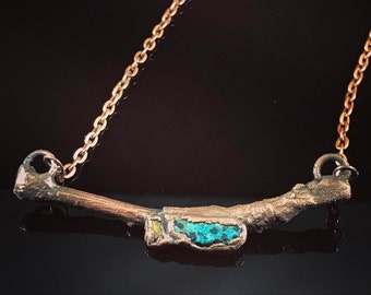 Copper Twig Pendant with Tiger Eye and Teal Dalmatian Agate accent settings