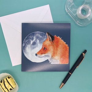 Carte de voeux vierge renard et lune à l'aquarelle originale « Luna ».