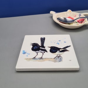 Beautiful British Magpie Art Ceramic Coaster / Wildlife / Garden / Lovers / Single / Set of 2 / Set of 4 / Two for Joy / Original Art
