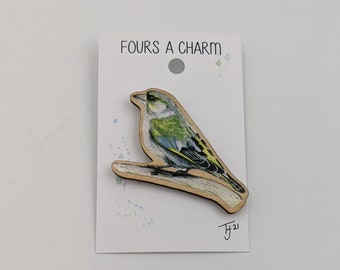 Wooden Pin Badge Greenfinch / wildlife art / unusual / original / unique/ finch / featuring "Fours a Charm" bird
