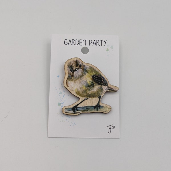 Wooden Pin Badge House Sparrow / wildlife art / unusual / original / unique / featuring "Garden Party" bird