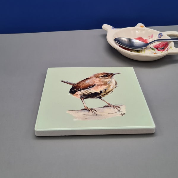 Beautiful British Wren Art Ceramic Coaster / Wildlife / Garden / Lovers / Single / Set of 2 / Set of 4 / Jenny Wren / Original Art