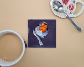 British Robin Art Ceramic Coaster: Watercolor Garden Bird