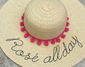 floppy hat embroidered - rose all day - straw beach hat - gift - embroidered sun hat - beach hat - floppy beach hat - birthday - wine