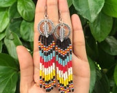 Fringe Earrings, Colorful earrings, Long Fringe, Beaded jewelry, Colorpop, Gift for her, Seed bead earrings, Native indian, Rainbow