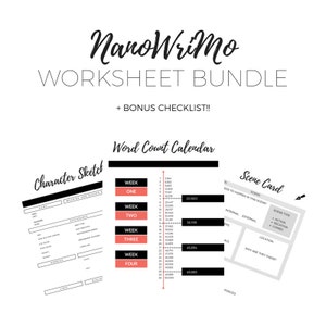 Könnte beinhalten: Ein druckbares Arbeitsblatt-Paket für die National Novel Writing Month (NaNoWriMo)-Herausforderung. Das Paket enthält eine Charakter-Skizze, einen Wortzählkalender und eine Szenenkarte. Der Wortzählkalender hat ein Ziel von 50.000 Wörtern in 30 Tagen.