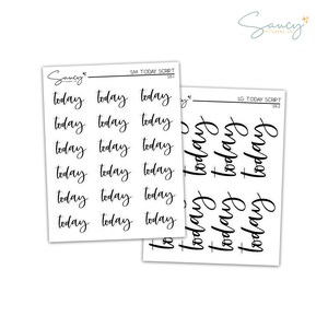 May include: Two sheets of clear sticker paper with the word "today" written in black script. The top sheet has 18 smaller stickers and the bottom sheet has 3 larger stickers.