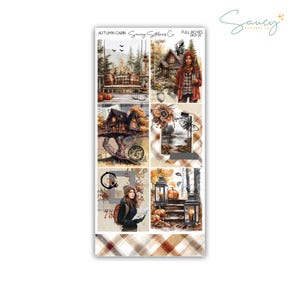 May include: A sheet of planner stickers with an autumn cabin theme. The stickers feature illustrations of cabins, pumpkins, lanterns, and people in fall attire. The colour palette includes warm tones of orange, brown, and green, with the text "Autumn Cabin" and "Saucy Stickers Co."