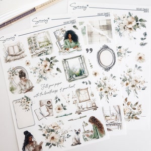May include: A set of three sheets of stickers featuring watercolour illustrations of flowers, windows, and a woman writing in a journal. The stickers are labelled "Dear Diary" and have the text "Fill your paper with the breathings of your heart".