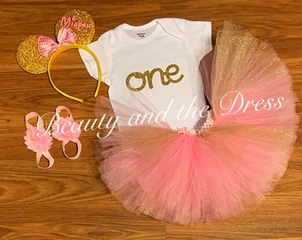 Minnie Mouse first birthday, minnie birthday, first birthday, pink and gold birthday, tutu set, first birthday set, first birthday tutu,