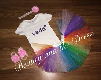 Rainbow tutu set, rainbow tutu, rainbow bodysuit, name bodysuit, birthday tutu set, purple bodysuit , clown tutu, circus tutu,