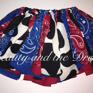 Cowgirl bandana tutu skirt, red, blue and cow print bandanas, farm theme tutu, halloween costume, 2t ready to ship image 1