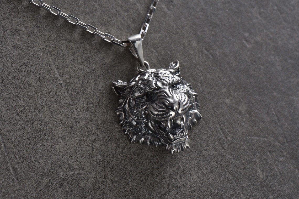 Tiger necklace Tiger jewelry Silver tiger Tiger pendant Animal Etsy