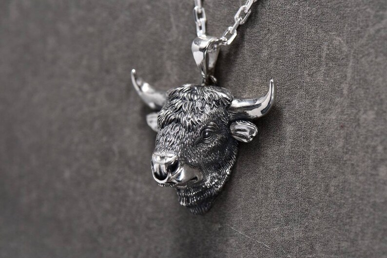 Bull necklace Bull pendant Animal jewelry Silver bull Raging bull Ox necklace Buffalo Bison Calf