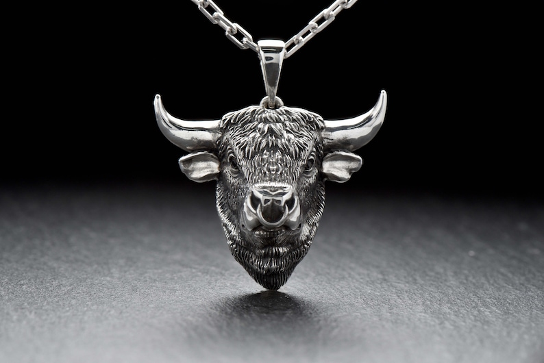 Bull necklace Bull pendant Animal jewelry Silver bull Raging bull Ox necklace Buffalo Bison Calf