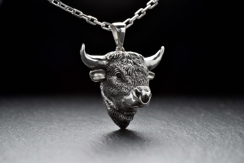 Bull necklace Bull pendant Animal jewelry Silver bull Raging bull Ox necklace Buffalo Bison Calf