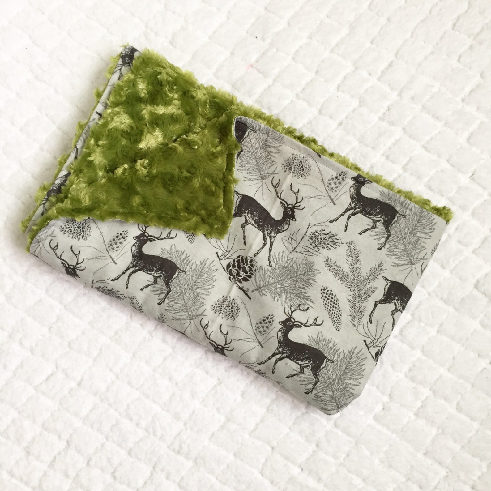 Grey Deer Baby Blanket Forest Green Faux Fur Minky Toddler Etsy