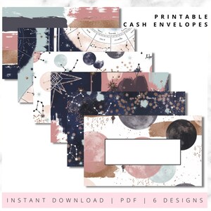 May include: Printable cash envelopes with six different designs featuring a celestial theme. The designs include constellations, stars, moons, and a pink and blue colour scheme.
