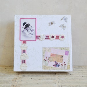 Large Hand Crafted Storage Box, Shabby Chic "All My Favourite Things" Square Box, Decoupage Butterflies, Birds, Carte Postale, Lady with Cat