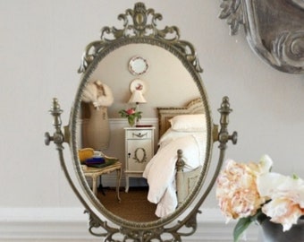 Miniature Oval Swing Dressing Mirror in Brass Stand Dolls House Accessories LE
