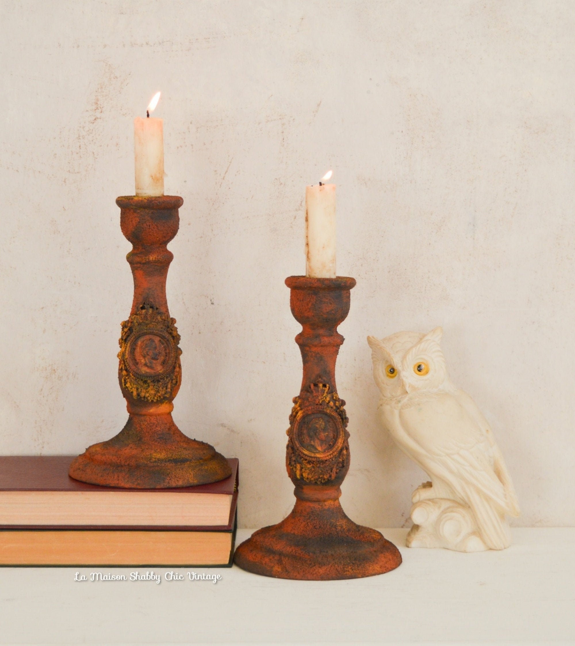 Rust Effect Pair Candle Holders Hand Painted Black Primitive Etsy UK