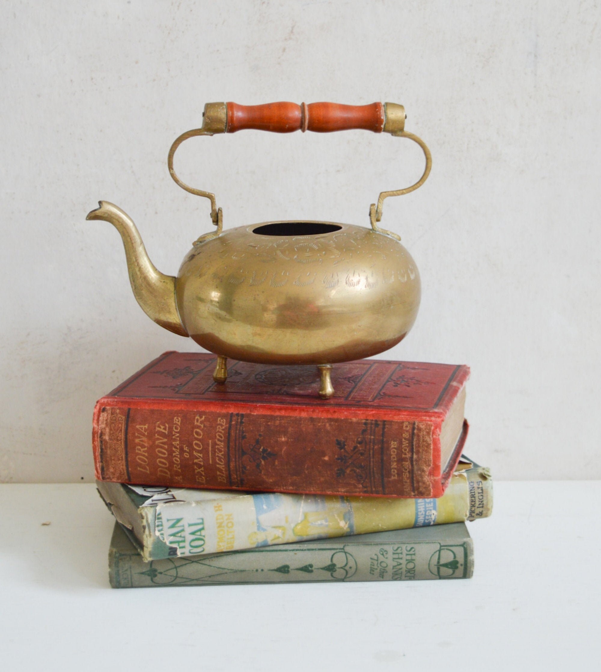 Vintage Etched Solid Brass Teapot With Wooden Handle 3 Footed Etsy UK