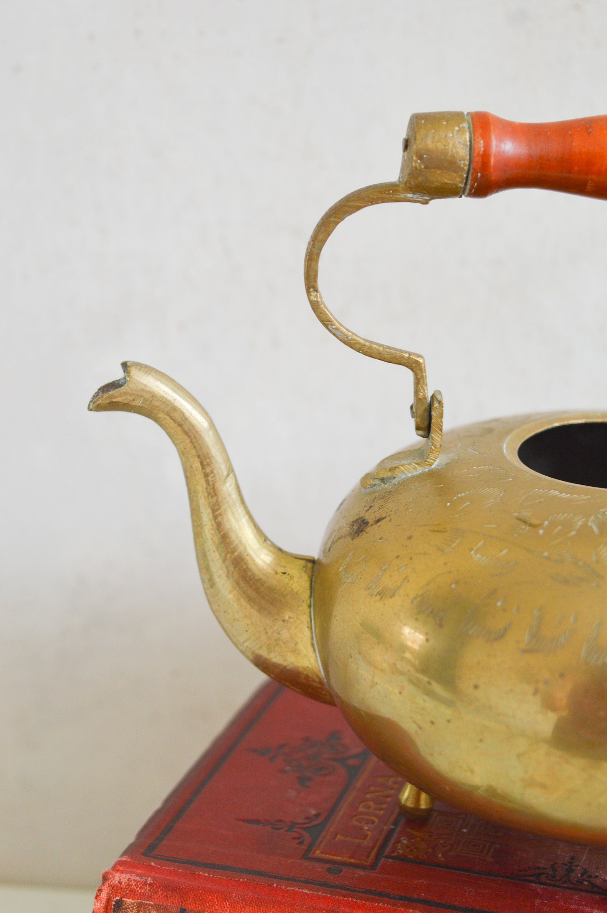 Vintage Etched Solid Brass Teapot With Wooden Handle 3 Footed Etsy UK