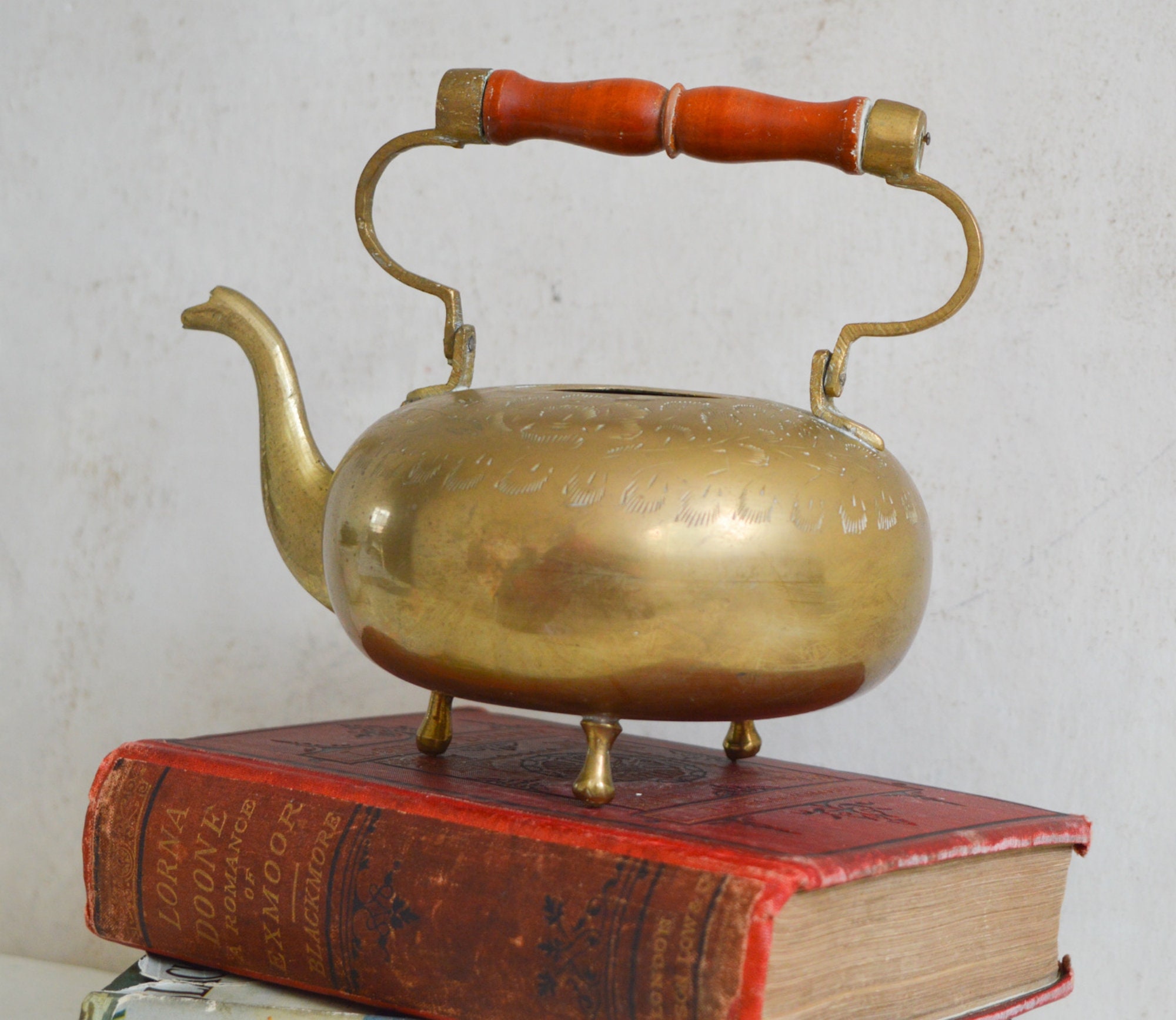 Vintage Etched Solid Brass Teapot With Wooden Handle 3 Footed Etsy UK