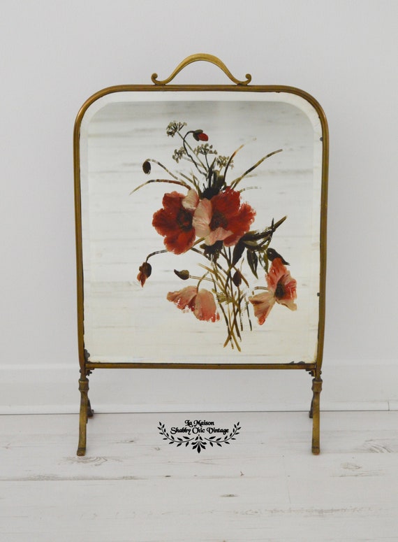 French 1930s Brass Mirrored Fire Screen With Hand Painted Etsy