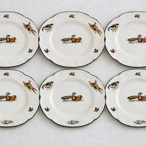 May include: A set of six off-white ceramic plates with scalloped edges and a dark green rim. Each plate features a central illustration of two ducks and smaller bird motifs scattered around the border in brown, green, and orange tones.