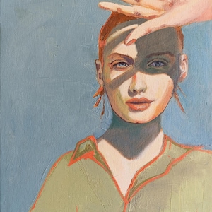 INTUITING YOU. Oil painting on canvas of a young woman shielding herself from the sun, Original oil painting, Hand painted, Feminine Art