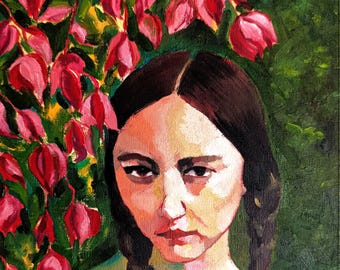 GIULIETTA. Olio su carta, Donna, Treccine, Fiori, Dipinto originale, Pezzo unico, Dipinto a mano, Ritratto, Arte contemporanea