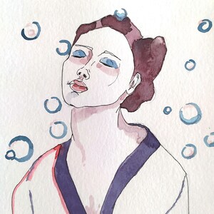 LIVIE. Ink and watercolor illustration of a woman with closed eyes and blue buttocks. Original and unique piece. Hand-painted. Feminine.