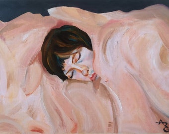 SILENCE. Original oil painting of a young woman sleeping peacefully, Pastel tones, Pinks, woman art, Hand painted, Decoration