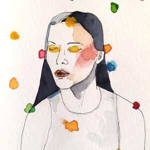 IZUMI. Ink and watercolor illustration of a woman with her eyes closed and colors floating by. Original and unique piece. Hand-painted. Decor.