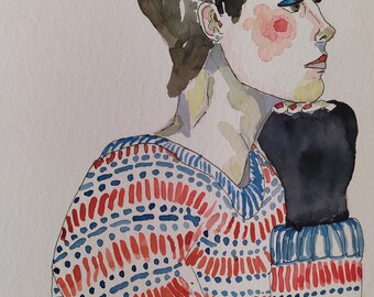 SIGRID. Ilustración original en tinta y acuarela de una mujer joven de perfil con jersey estampado, Arte femenino, Retrato, Pieza única