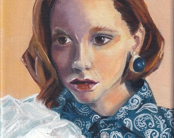 Olieverfschilderij van een moderne vrouw, wanddecoratie, uniek en origineel werk, pasteltinten