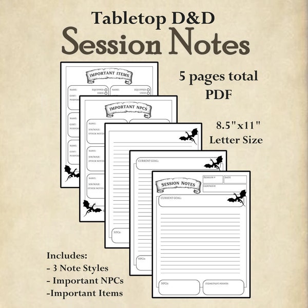 Pacchetto di diario delle note del giocatore della sessione della campagna di D&D da tavolo, note del gioco di ruolo digitale, note di Dungeons and Dragons