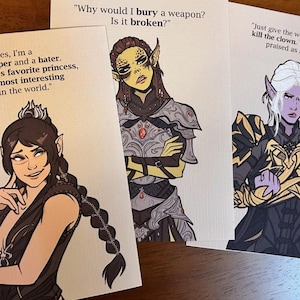Baldur's Gate 3 BG3 Companion Quote 5x7 Conjunto de impressões 1 (Shadowheart/Lae'zel/Minthara)