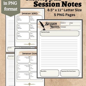 Pacote de diário de notas de sessão de campanha de D&D de mesa digital, notas de diário de RPG de Dungeons and Dragons