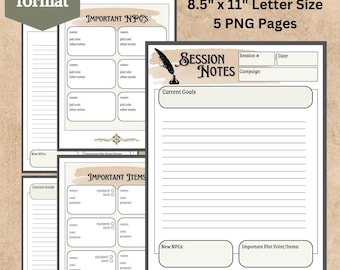Paquete de diario de notas de sesión de campaña de D&D para mesa digital, notas del diario de rol de Dungeons and Dragons
