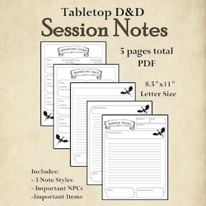Note del giocatore per la sessione di campagna di D&D da tavolo, pacchetto di diario, note di gioco di ruolo digitali, note di Dungeons and Dragons