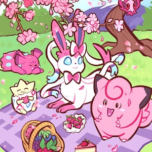 May include: A colorful illustration of a picnic scene under a cherry blossom tree. Several cartoon characters are gathered around a picnic blanket with a basket of fruit, a plate of berries, and a slice of cake.