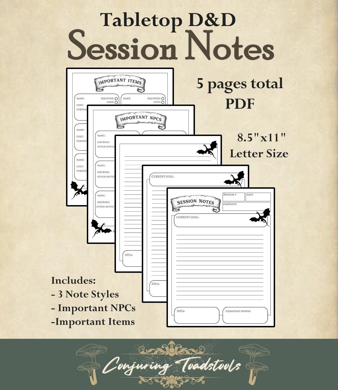 Tabletop D&D Campaign Session Player Notes Journal Pack, Digital Tabletop D&D Campaign Session Player Notes Journal Pack, Digital